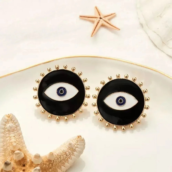 NEW! Boho Round Studded Enamel Evil Eye Stud Earrings - Picture 4 of 10